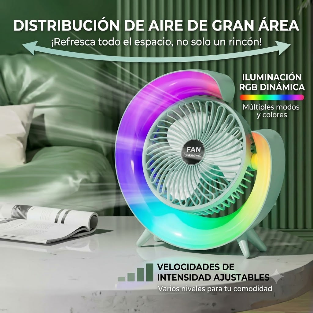 Ventilador de mesa portátil blanco con luz RGB - LumiBreeze™ Pro
