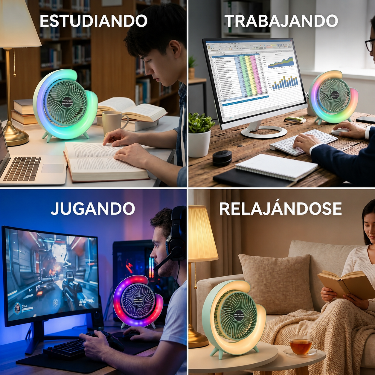 Ventilador de mesa portátil blanco con luz RGB - LumiBreeze™ Pro